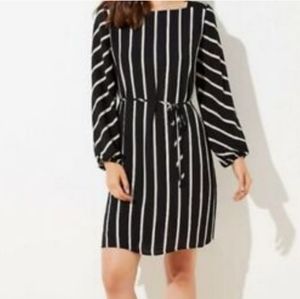 LOFT Black and White Striped Long-Sleeve Belted Dress